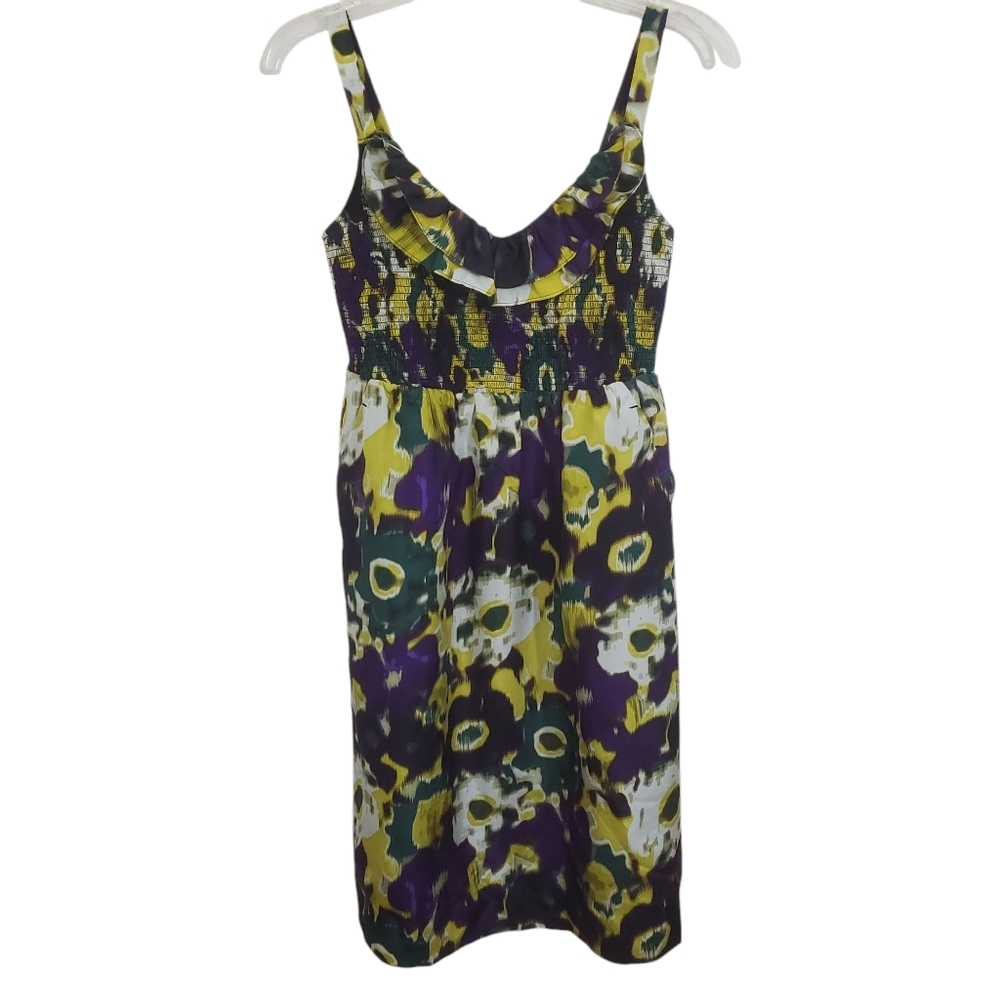 Anthropologie Maeve Silk Satin Floral Purple Yellow Smocked Boho Dress Size XS